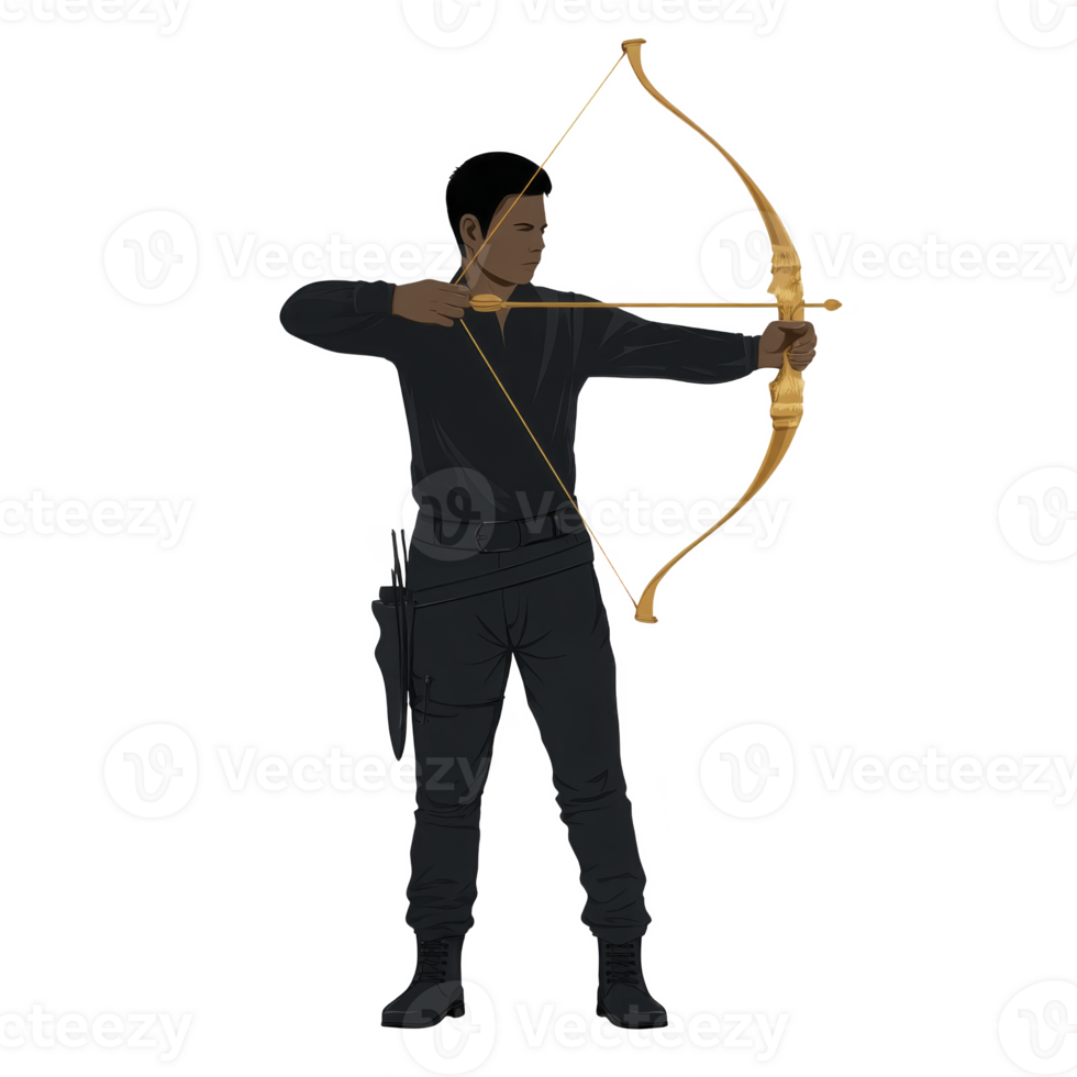 Archer in black outfit aims golden bow with focus and precision. silhouette highlights archer stance and bow elegant design, capturing moment of concentration png