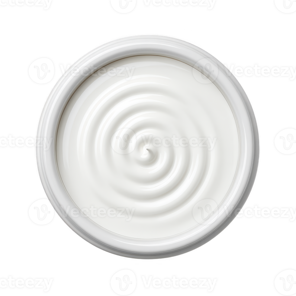 Top view of white, creamy substance in circular container, showcasing smooth, swirled texture. image highlights simplicity and purity of product png