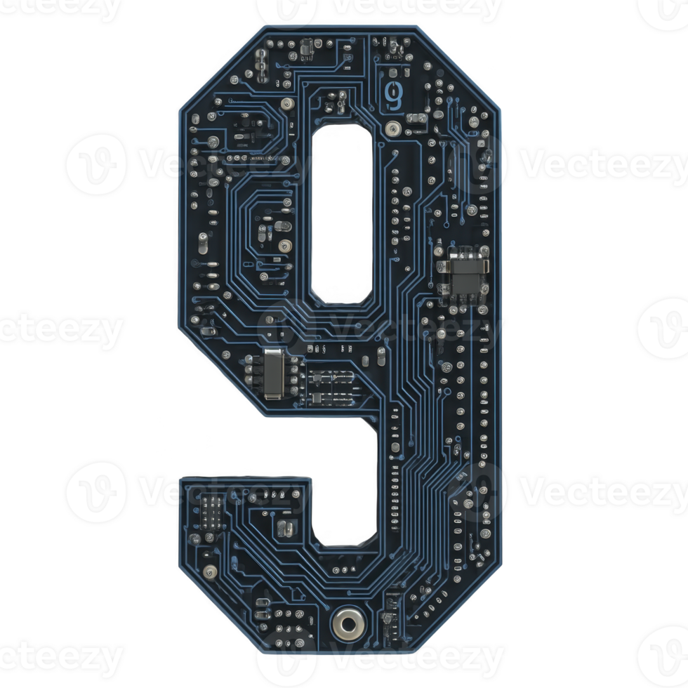 Digital number nine is creatively designed using circuit board pattern, showcasing intricate electronic components and blue lines. This innovative design merges technology with art png