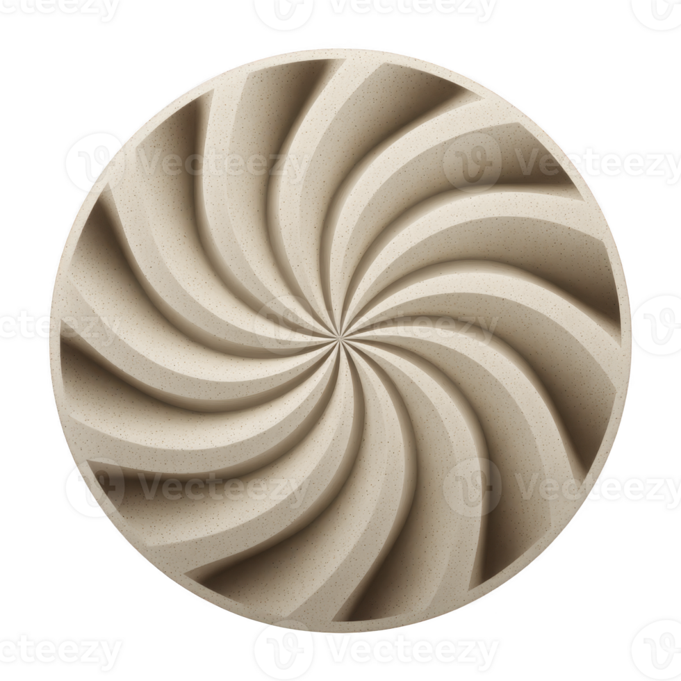 Circular, beige, spiral pattern creates mesmerizing, textured design with sense of depth and movement. symmetrical, swirling grooves add dynamic, artistic touch png