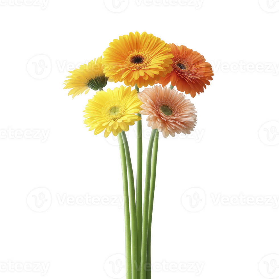 Vibrant bouquet of gerbera daisies in shades of yellow and orange with long green stems, creating cheerful and lively display png