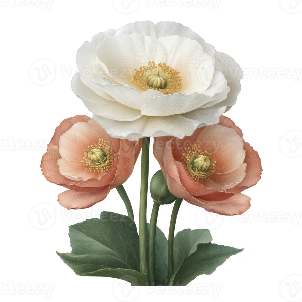 Beautiful arrangement of delicate white and pink poppies with lush green leaves, showcasing their intricate petals and vibrant centers. composition exudes elegance and natural beauty png