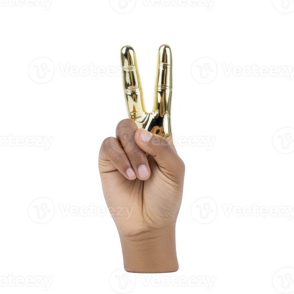 Hand making peace sign with gold metallic fingers creates striking contrast. gesture symbolizes peace and victory, blending human and metallic elements in unique artistic expression png