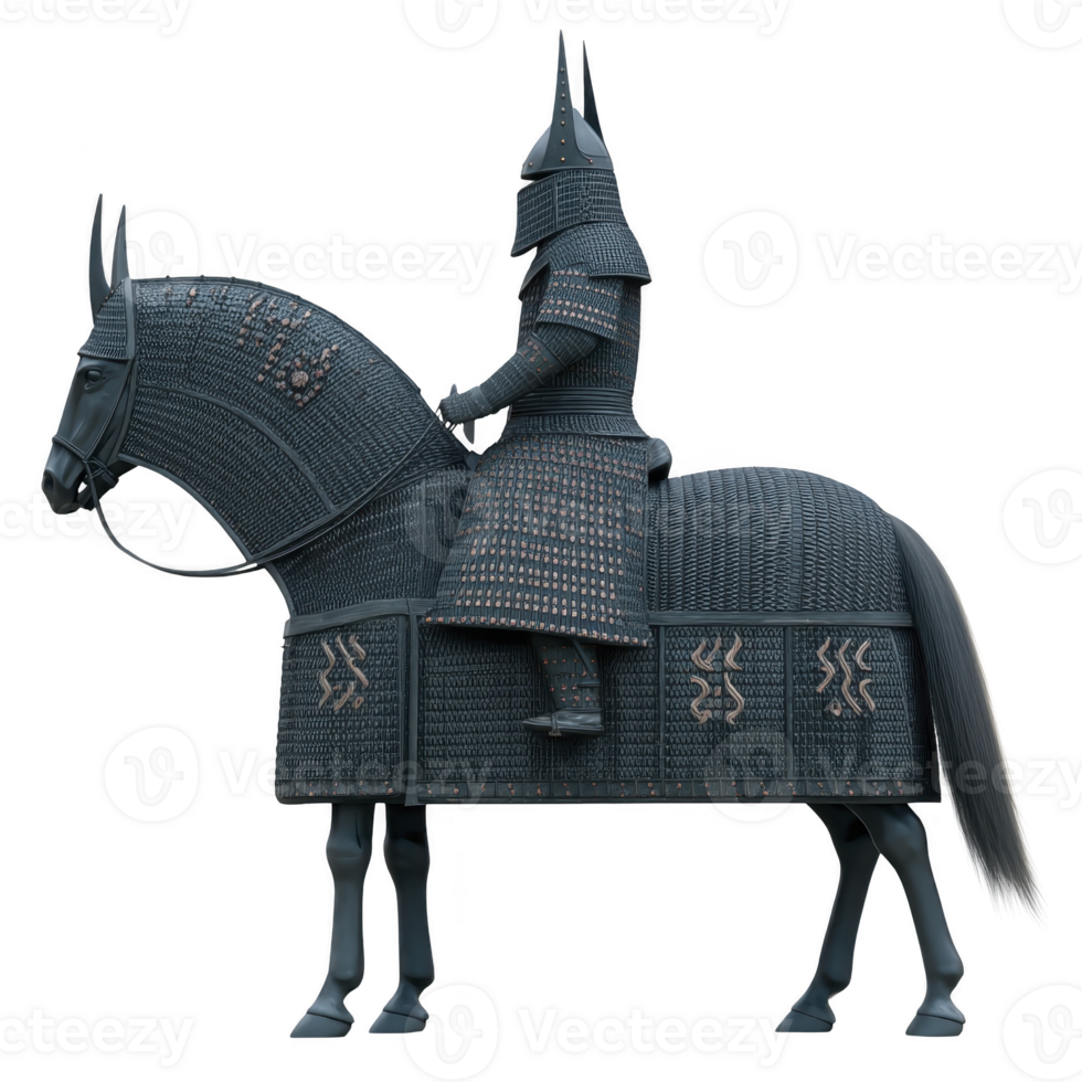 Warrior in traditional armor sits atop fully armored horse, showcasing historical battle attire. intricate design and detailing of armor reflect ancient craftsmanship and military history png