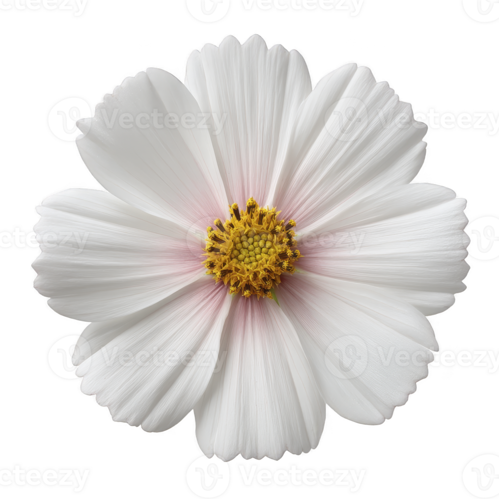 Beautiful white cosmos flower with delicate petals and vibrant yellow center, showcasing nature elegance and simplicity. flower soft texture and subtle pink hues add charm png
