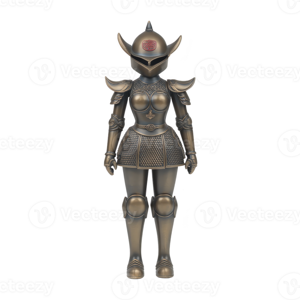 Futuristic female warrior detailed armor stands confidently, showcasing intricate designs and metallic textures. armor features helmet with visor and shoulder guards, blending traditional png
