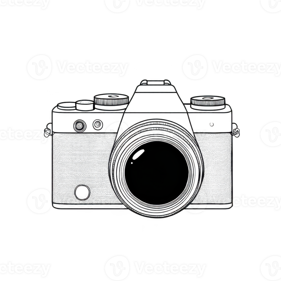 Vintage camera illustration with intricate details, showcasing classic design. sketch highlights camera lens and body, evoking nostalgia and creativity png