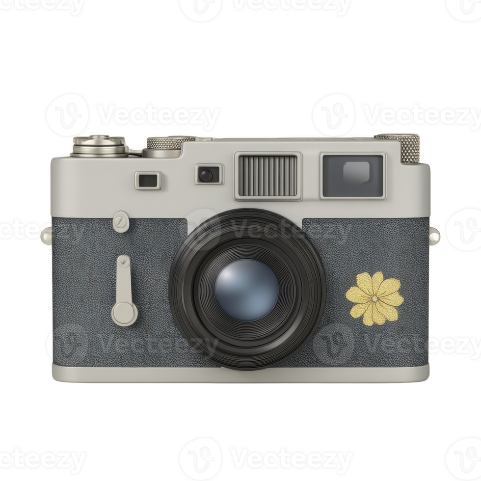 Vintage style camera with textured body and floral design on front, featuring prominent lens and classic controls, evokes nostalgia and elegance png