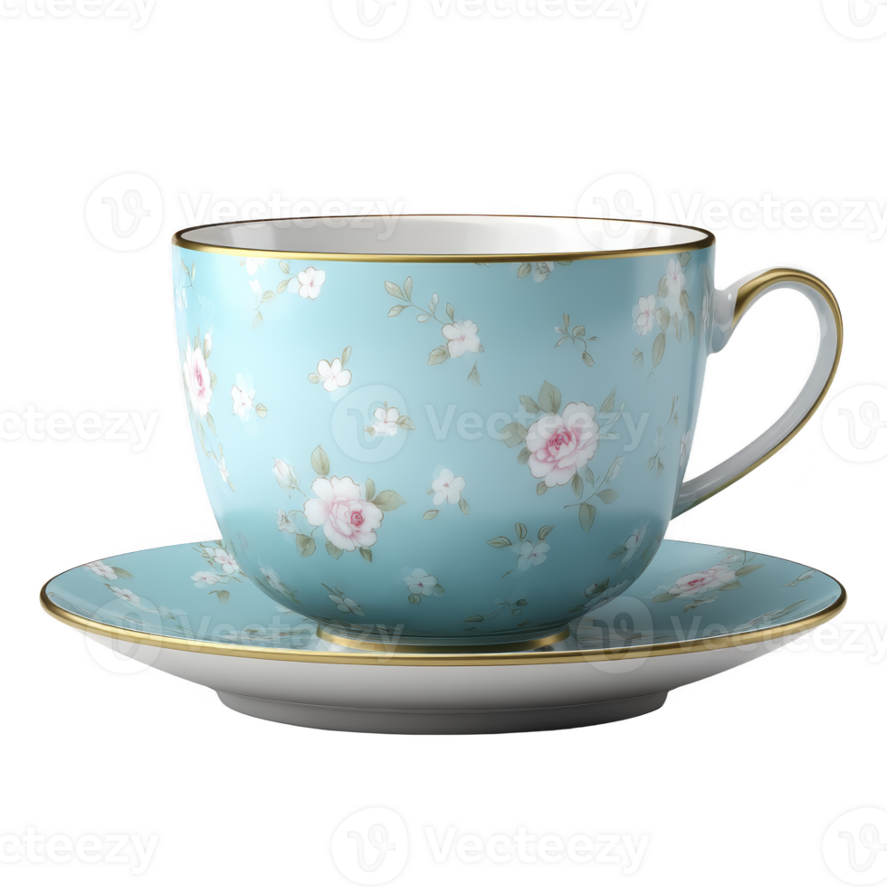 Delicate blue floral teacup with matching saucer, featuring gold rim and elegant design, evokes sense of vintage charm and sophistication png