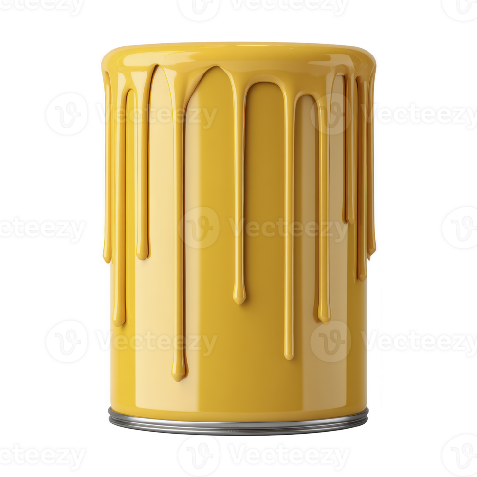 Vibrant yellow paint can with glossy drips cascading down its sides, creating striking visual effect. smooth texture and bright color evoke creativity and artistic expression png