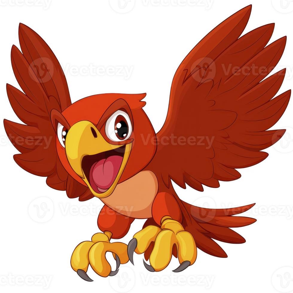 Vibrant cartoon bird with red feathers and cheerful expression spreads its wings wide, showcasing its lively personality. bird large eyes and open beak add to its animated charm png