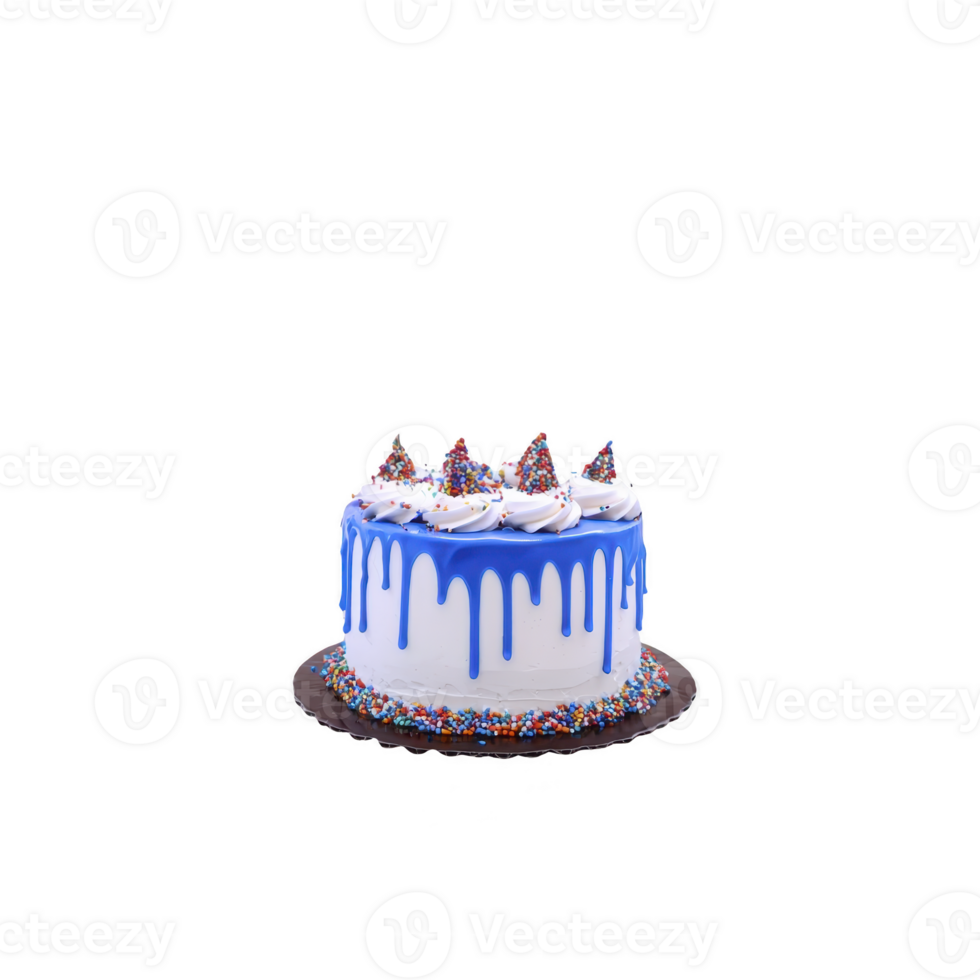 Vibrant cake with blue icing drips and colorful sprinkles creates festive and joyful appearance. cake is topped with whipped cream swirls and additional sprinkles, perfect for celebrations png