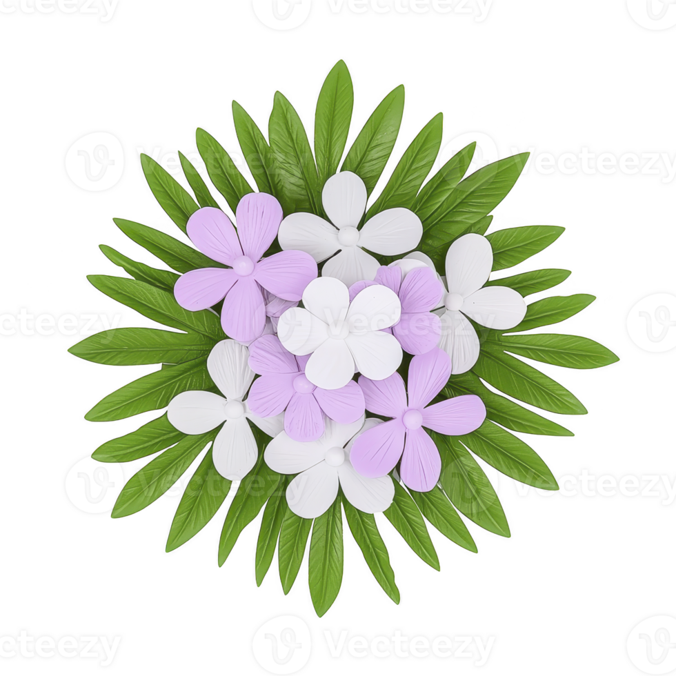 Vibrant arrangement of purple and white paper flowers is surrounded by lush green leaves, creating beautiful and artistic floral display. delicate petals and vivid colors evoke sense of elegance png