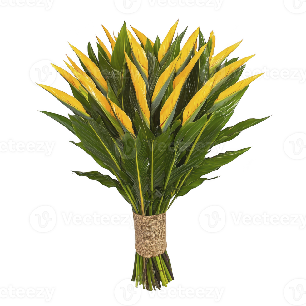 Vibrant bouquet of yellow heliconia flowers with lush green leaves, wrapped in natural burlap material, creating tropical and exotic feel png