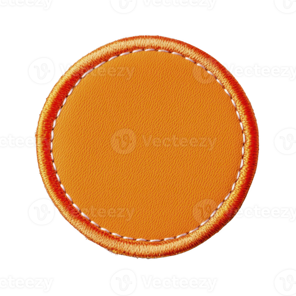 Orange circular fabric patch with textured surface and stitched border, ideal for clothing or accessories. vibrant color and detailed stitching add stylish touch png