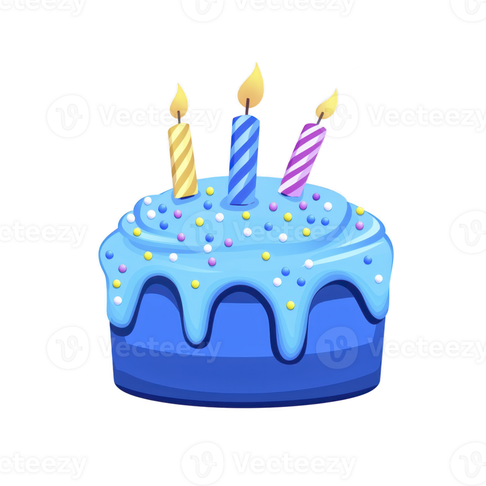 Blue birthday cake with three lit candles and colorful sprinkles creates festive and joyful atmosphere png