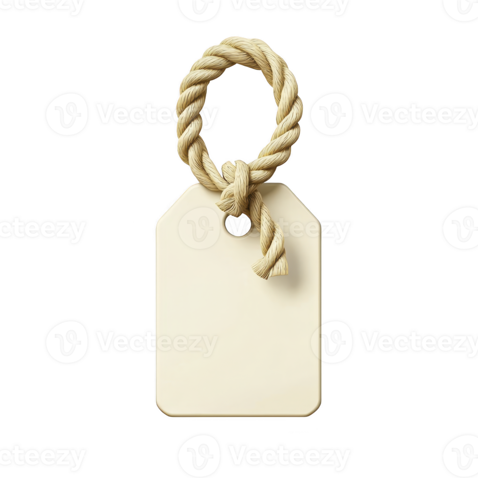 Blank beige tag with knotted rope loop is isolated on transparency background, perfect for labeling or gift wrapping. simple design offers rustic and versatile look png
