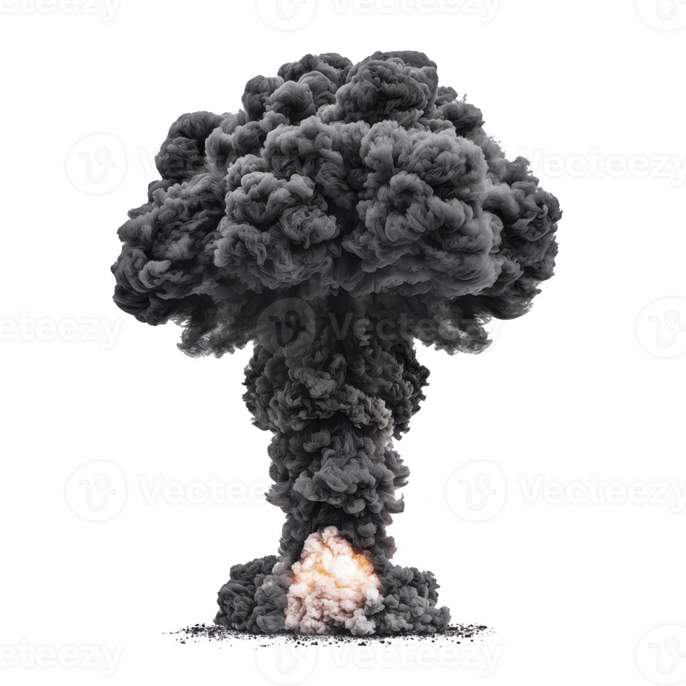 Large, dramatic explosion with towering mushroom cloud of dark smoke and fire, evoking sense of power and destruction. image captures intense energy and impact of blast png
