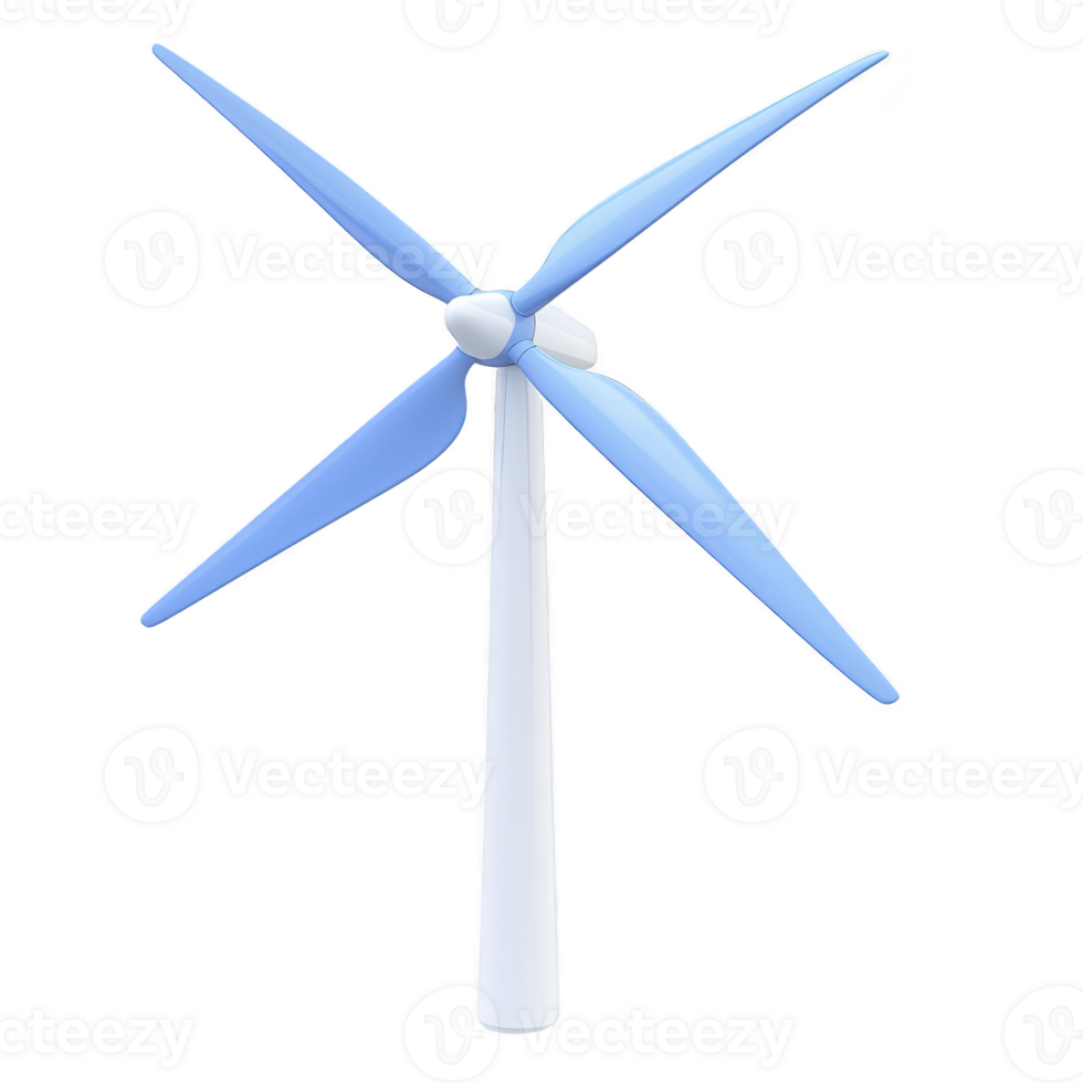 Blue and white wind turbine stands tall with three blades, symbolizing renewable energy and sustainability. sleek design highlights modern technology in clean energy solutions png