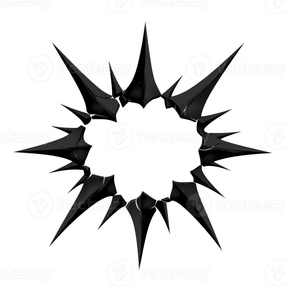 Black starburst shape with jagged edges creates dynamic and bold visual impact, often used in graphic design to highlight or emphasize content png