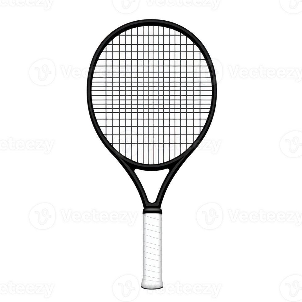 Black tennis racket with white grip is displayed against plain background, showcasing its sleek design and modern style. strings are tightly woven, ideal for precision and control png