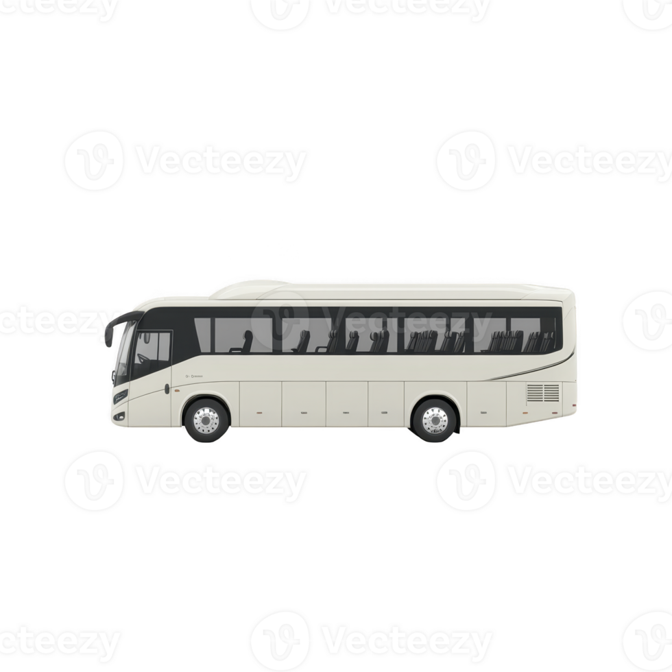 Modern white coach bus with tinted windows and multiple seats, designed for comfortable long distance travel. sleek design and spacious interior make it ideal for group transportation png