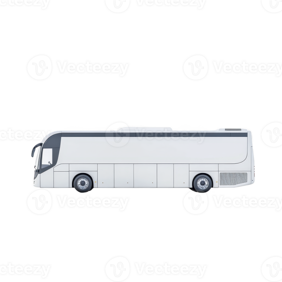 Sleek, modern white tour bus with tinted windows and streamlined design, perfect for long distance travel and group transportation. bus is parked on clear background png