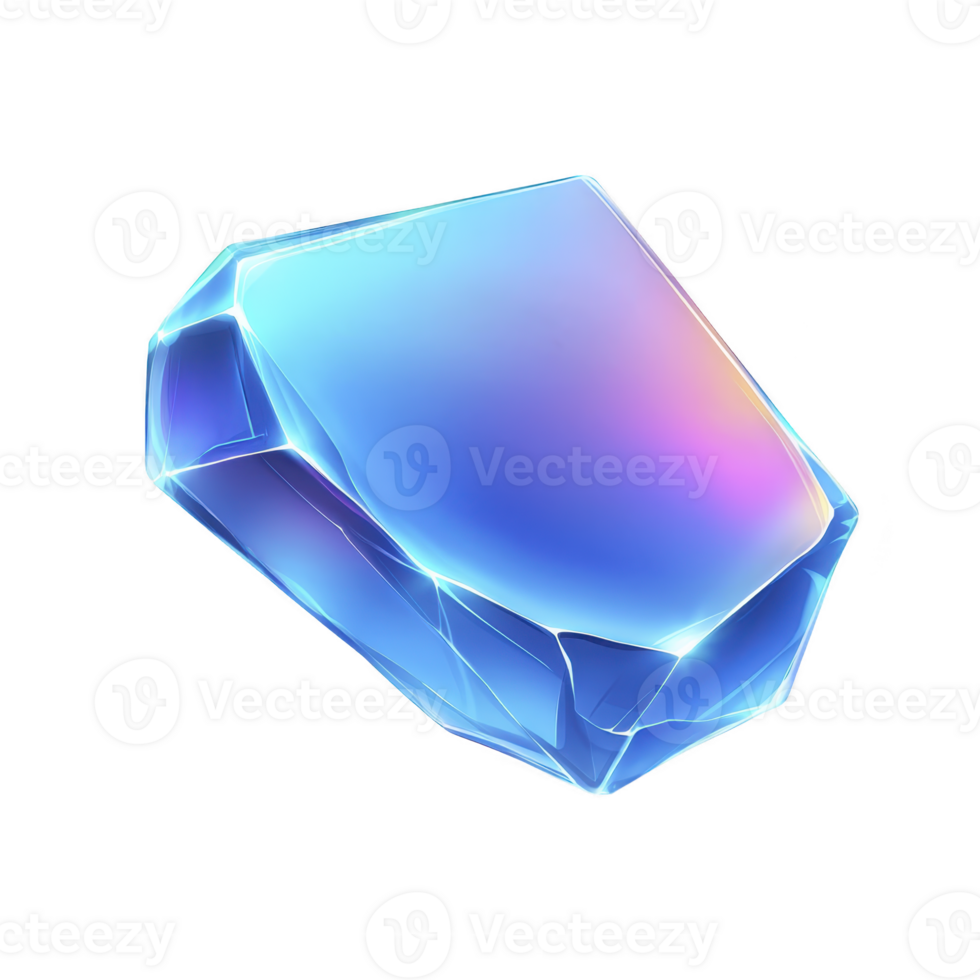 Glowing, faceted blue crystal with gradient of purple and pink hues, set against transparent background, emits mystical aura png