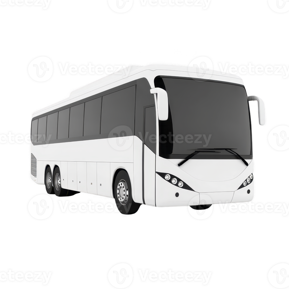 Sleek, modern white coach bus with tinted windows and multiple wheels, designed for comfortable long distance travel. bus is shown on transparent background png