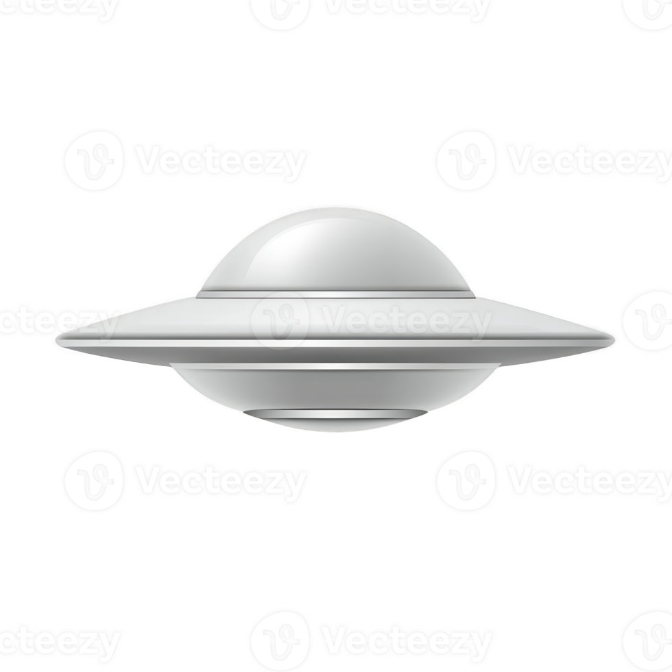Sleek, metallic UFO with classic saucer shape hovers against transparent background, evoking mystery and intrigue. smooth, reflective surface suggests advanced technology png