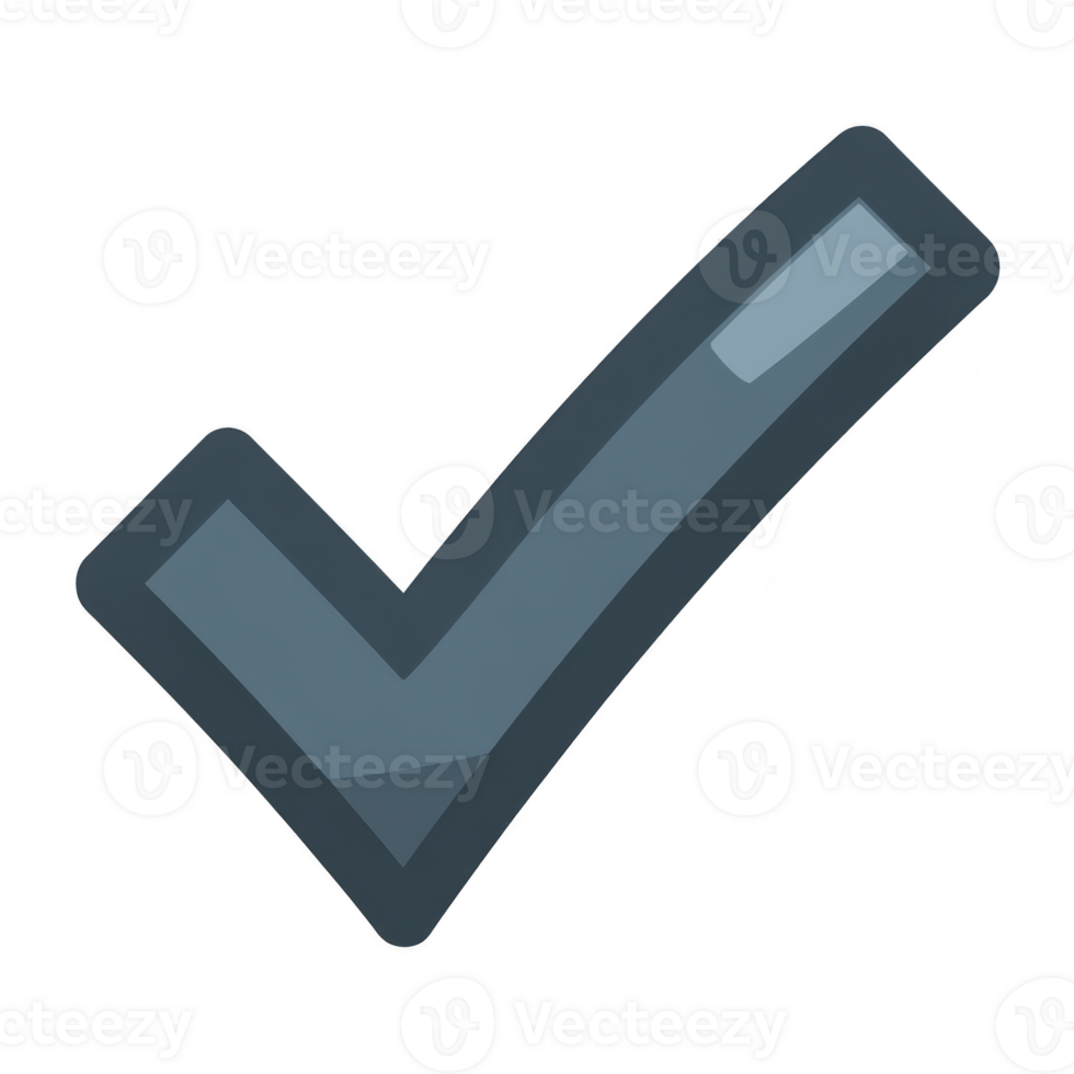Large, bold check mark symbol in dark gray with glossy finish, representing approval or completion. check mark is set against transparent background, making it versatile for various uses png