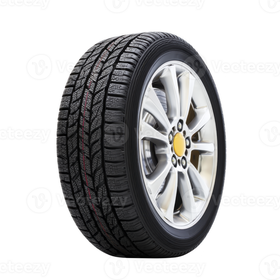 Car tire with shiny alloy wheel is displayed against transparency background, showcasing its tread pattern and sleek design. tire appears new and suitable for various road conditions png