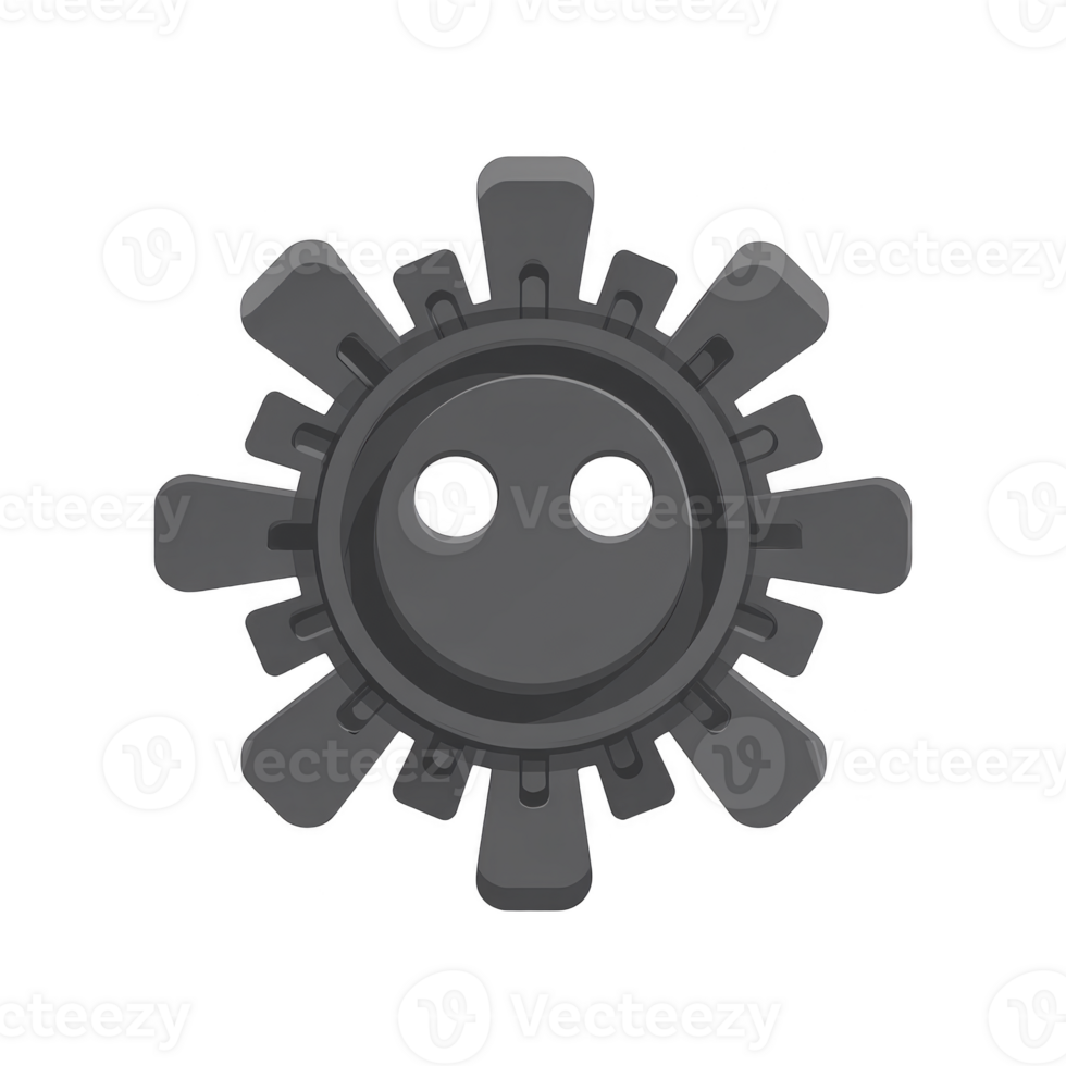 Black gear with smiling face design, featuring two circular eyes and curved mouth, combines industrial and playful elements. gear teeth are evenly spaced, adding mechanical aesthetic png