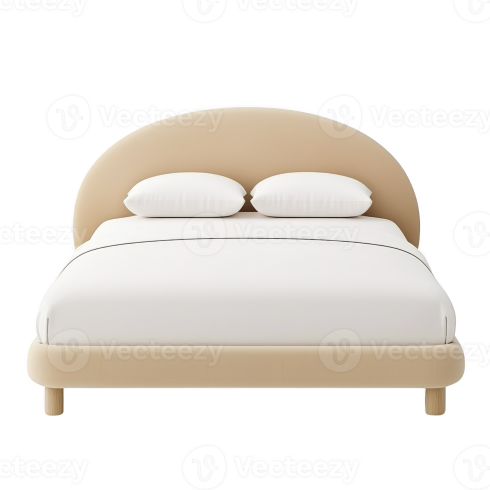 Modern beige upholstered bed with rounded headboard and white bedding, featuring two pillows, creates cozy and inviting atmosphere png