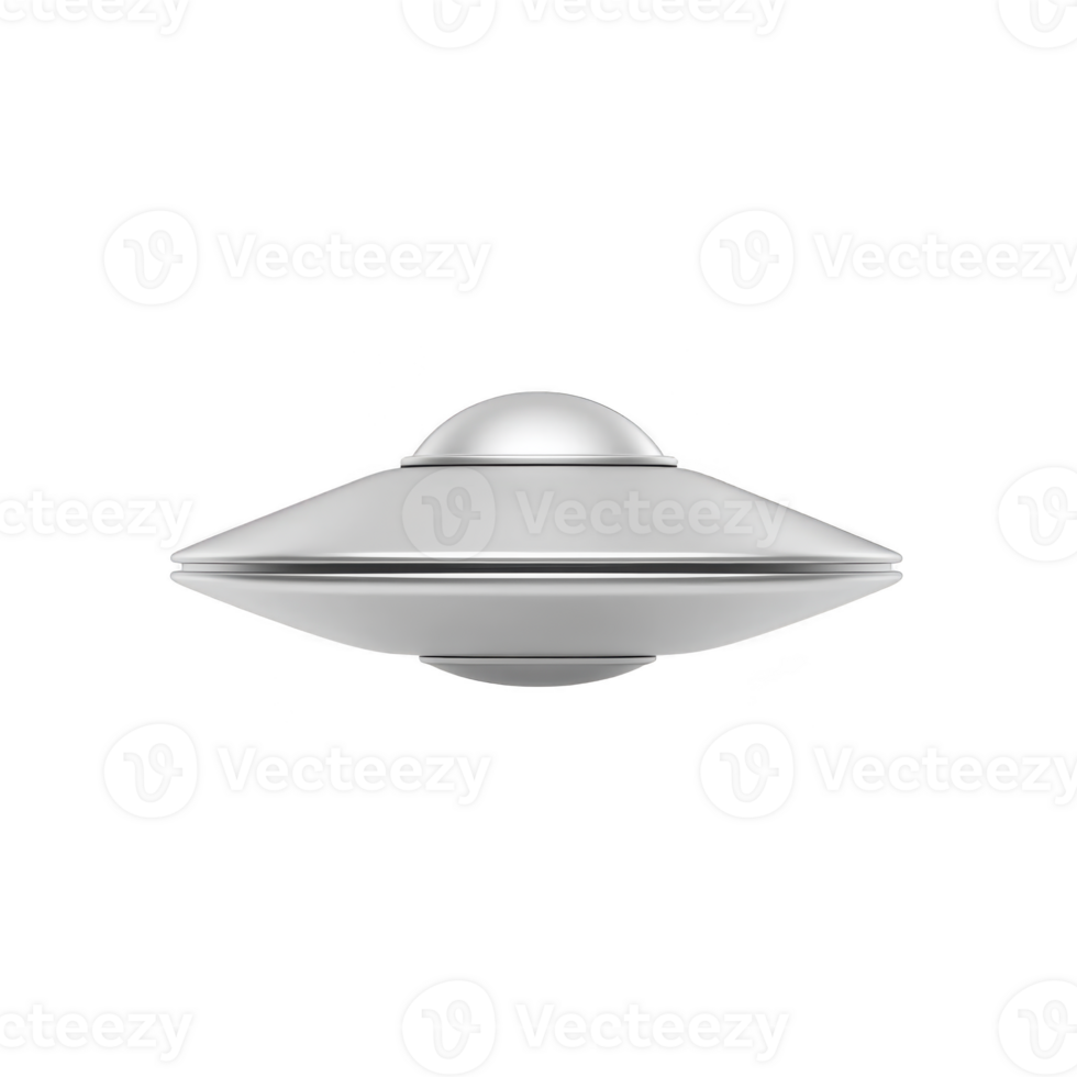 Sleek, metallic UFO with classic saucer shape, featuring smooth dome on top, isolated on transparency background. design is simple yet futuristic, evoking curiosity and intrigue png