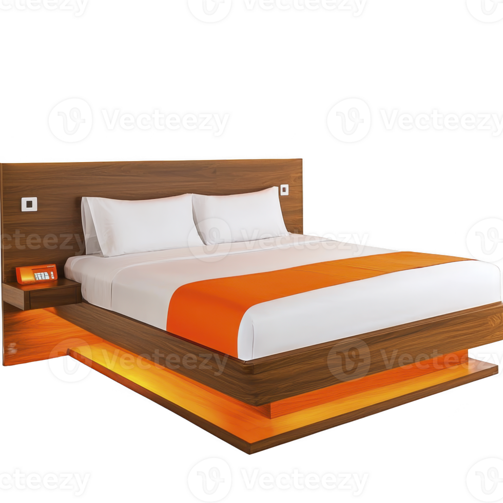 Modern wooden bed with sleek design features white mattress and orange accents, including vibrant bed runner. bed has integrated side tables and warm underglow png