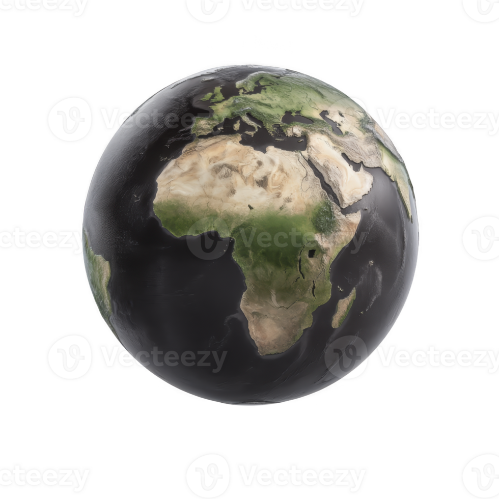 Realistic 3D rendering of Earth showcasing Africa, Europe, and parts of Asia, highlighting geographical features and terrain. globe is set against plain background, emphasizing its details png