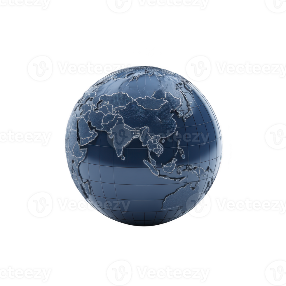 Digital rendering of blue globe highlights continents with detailed outlines, focusing on Asia. globe design is modern and sleek, emphasizing geographic features png