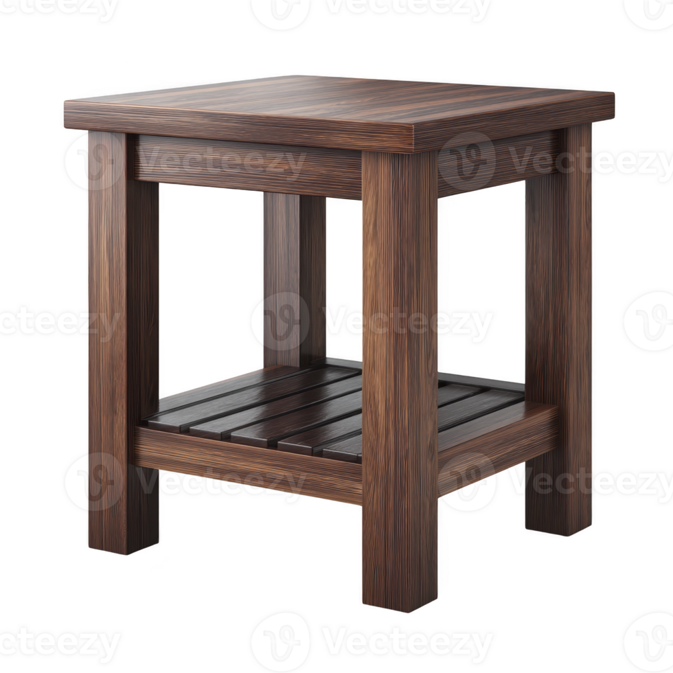Wooden side table with square top and lower shelf, featuring rich brown finish and sturdy legs, perfect for living room or bedroom decor png