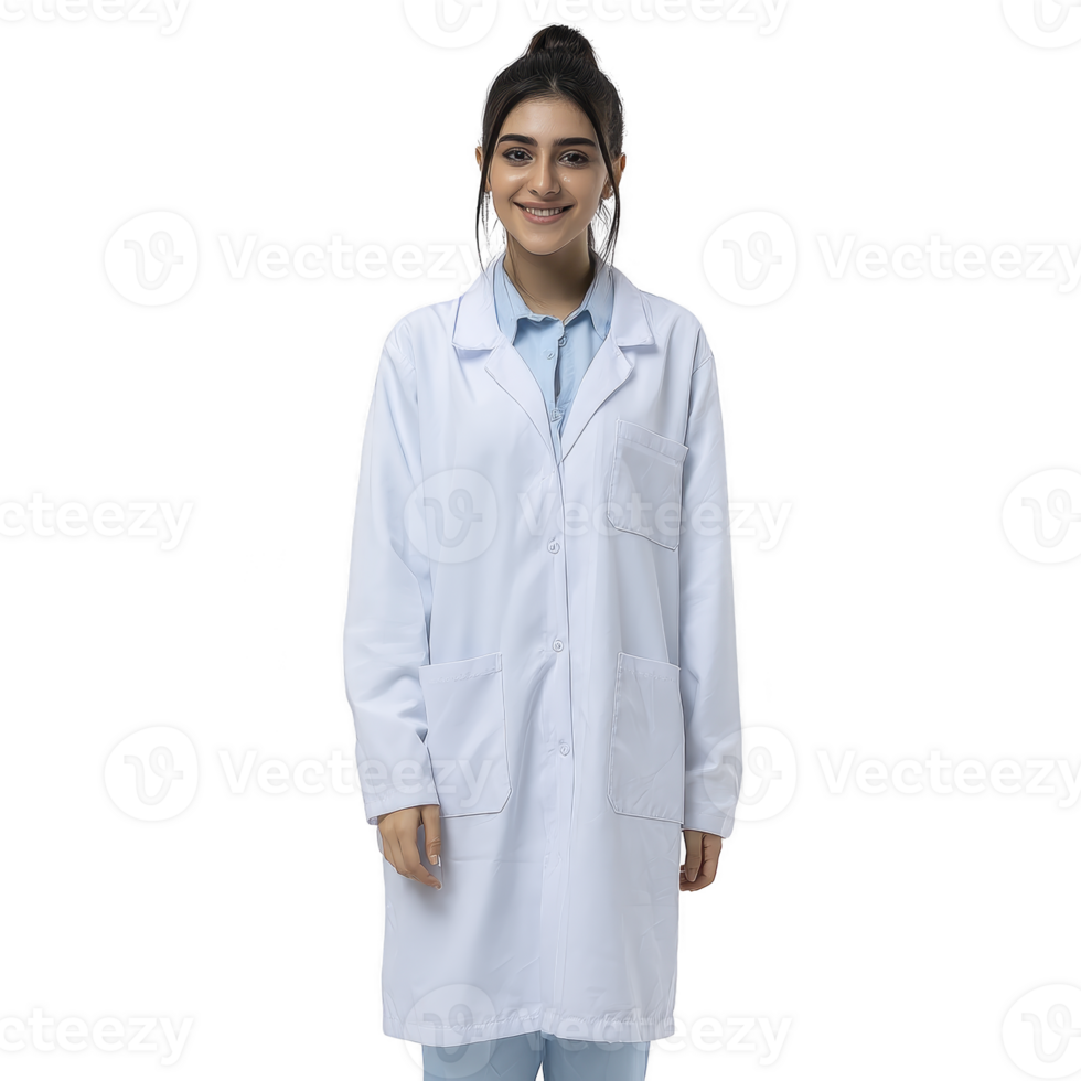 Smiling person wearing white lab coat stands confidently, suggesting professional in medical or scientific field. attire and expression convey sense of expertise and approachability png