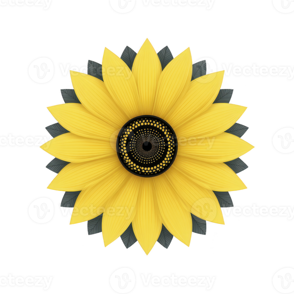 Vibrant sunflower illustration with bright yellow petals and detailed center, radiating cheerful and lively energy. symmetrical design highlights natural beauty of flower png