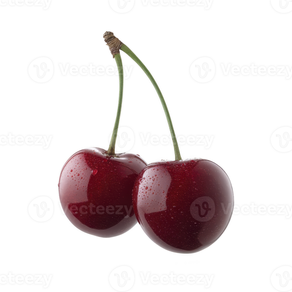 Two fresh cherries with stems and water droplets on transparency background, showcasing their vibrant red color and glossy texture. Perfect for illustrating freshness and natural sweetness png