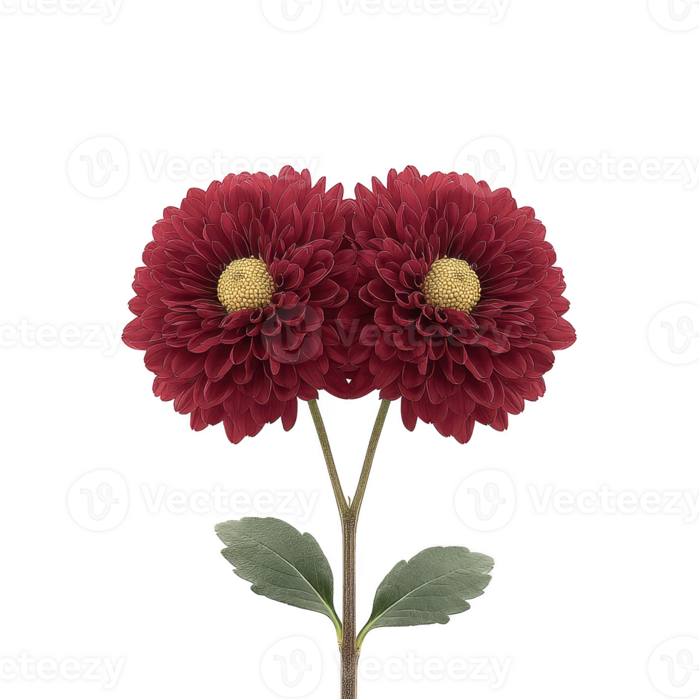 Two vibrant red dahlia flowers with lush green leaves are beautifully displayed against plain background, showcasing their intricate petal patterns and bright yellow centers png