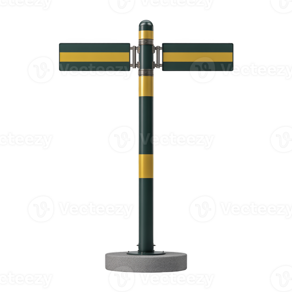 Green and yellow striped street signpost with two blank rectangular signs on round concrete base. design is simple and modern, suitable for urban environments png