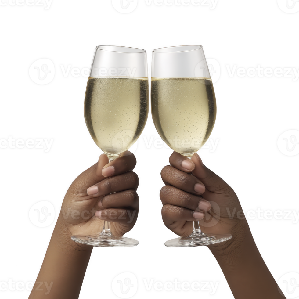 Two hands holding champagne glasses in celebratory toast, filled with sparkling wine. image conveys festive and joyful atmosphere, perfect for celebrations png
