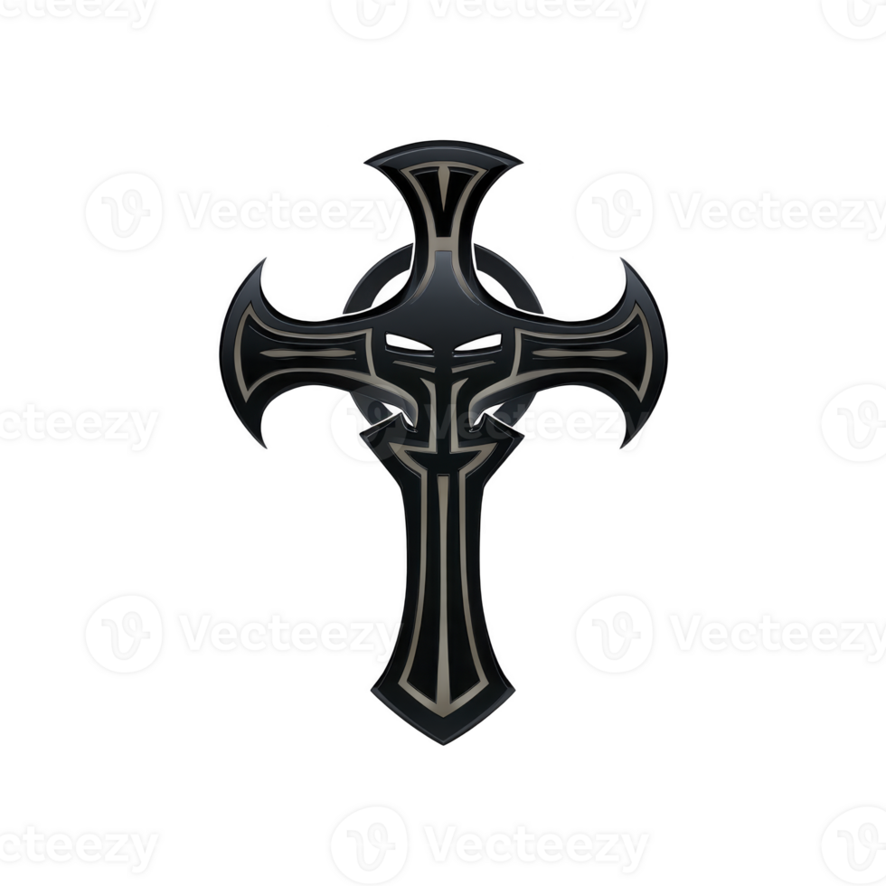 Stylized black and gray cross with intricate design elements, featuring symmetrical and artistic appearance. cross has gothic style, evoking sense of mystery and elegance png