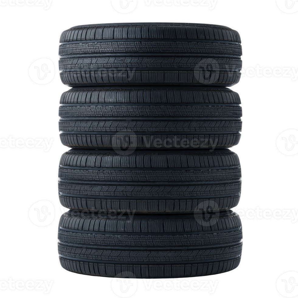 Stack of four black car tires is neatly arranged, showcasing their tread patterns. tires are aligned vertically, emphasizing their round shape and rubber texture, suitable for vehicles png
