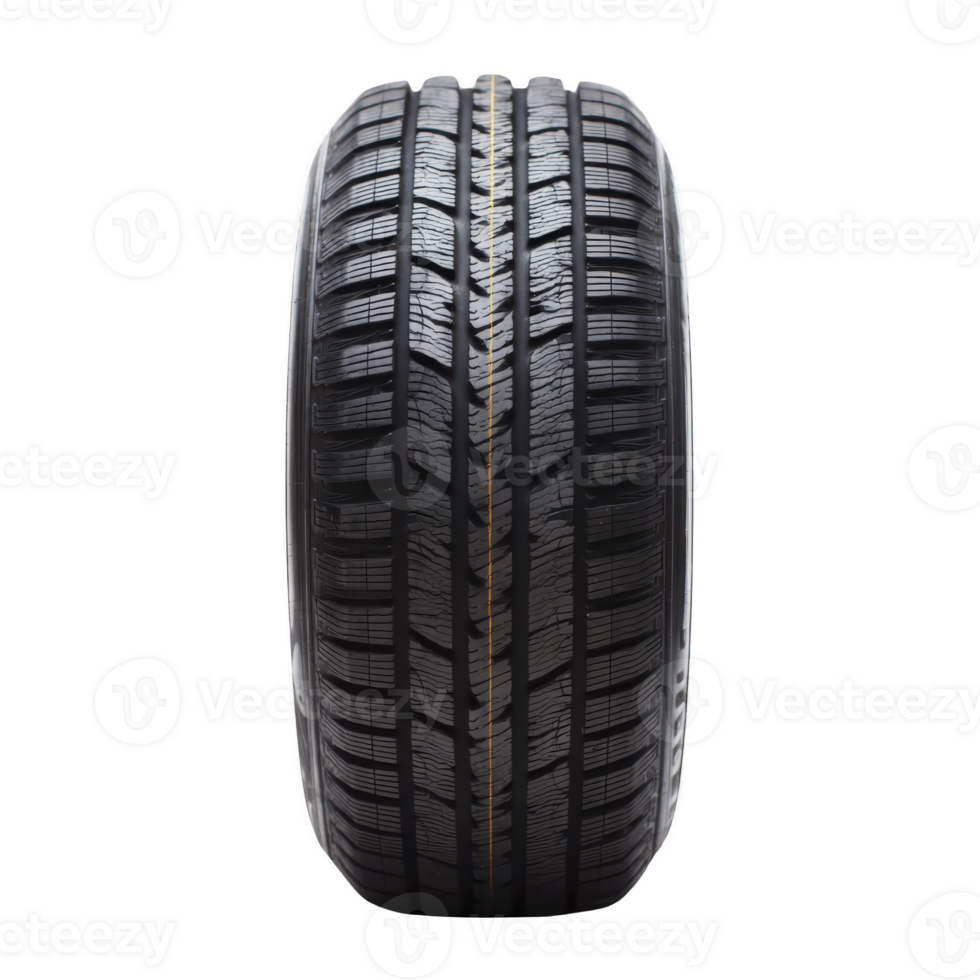 Close up image of black car tire with detailed tread pattern, showcasing its design and texture. tire is isolated on transparency background, emphasizing its features png