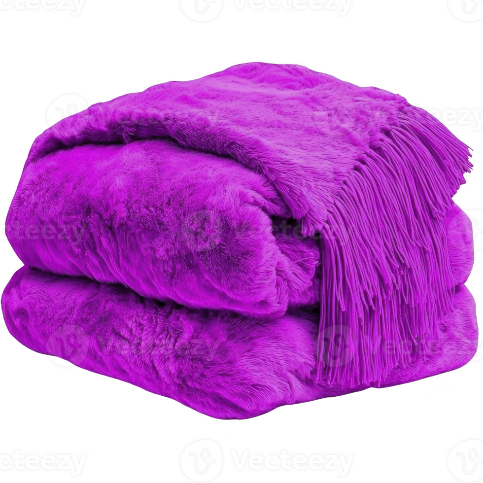 Vibrant purple faux fur blanket is neatly folded, showcasing its soft texture and fringed edges, perfect for adding pop of color and warmth to any room png