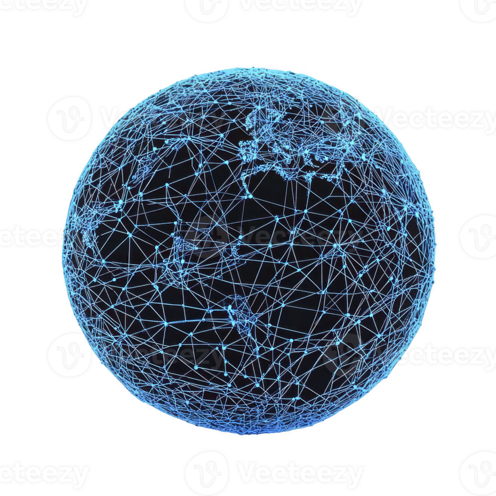 Digital globe made of interconnected blue lines represents global connectivity and technology. network of lines forms spherical shape, symbolizing communication and data exchange worldwide png